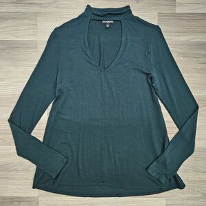 EXPRESS Top Womens Green Longsleeve Mockneck Cutout Blouse XS